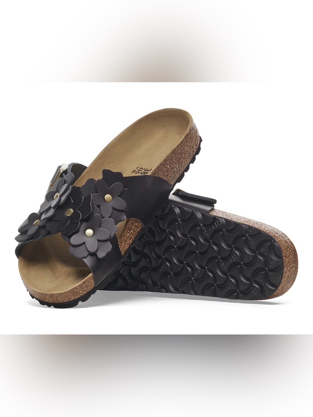 Birkenstock Black Floral Single-Band Cork Footbed Sandals